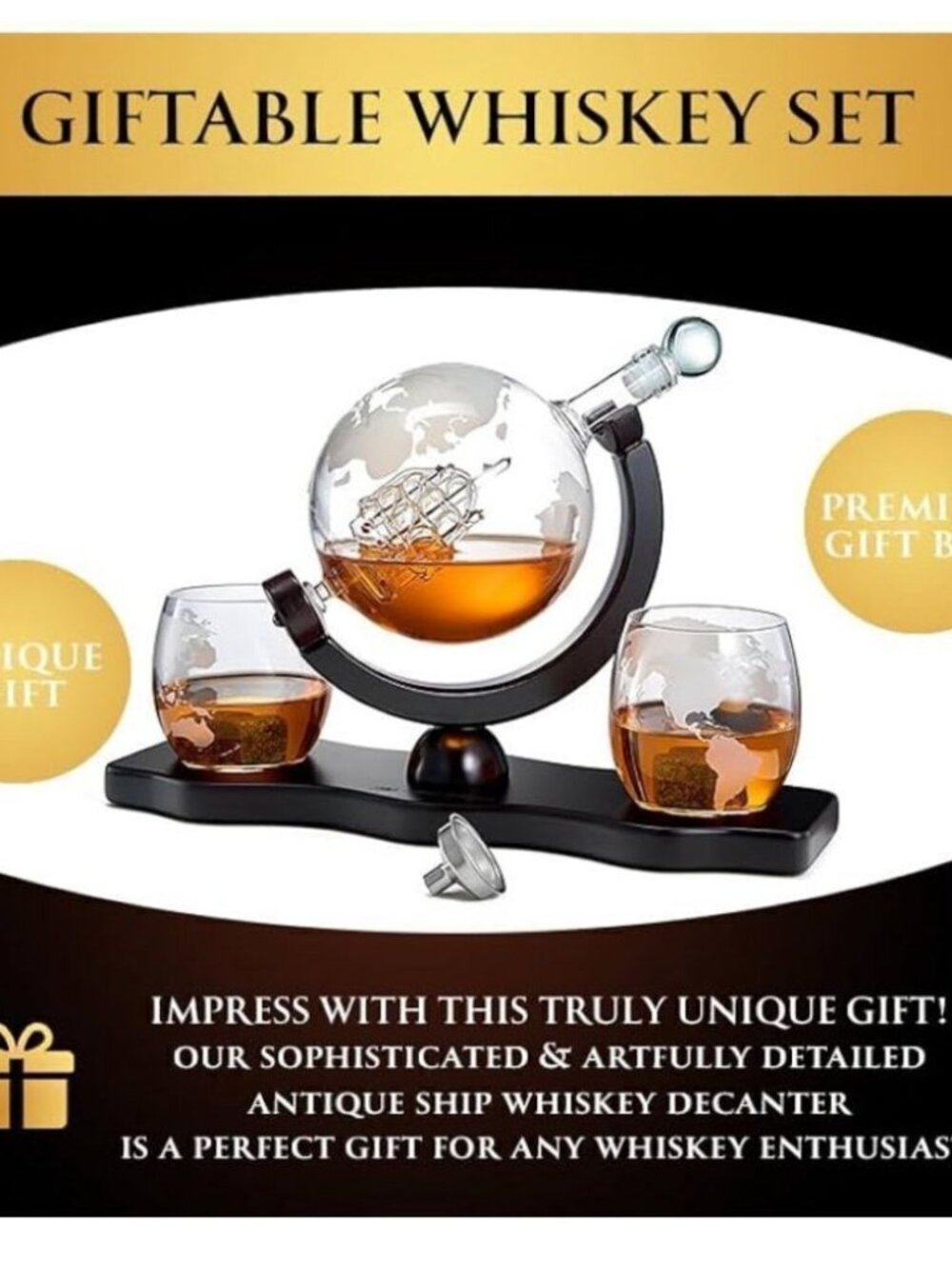 The Wine Savant Whiskey Decanter Globe Set with 2 Etched Whiskey Glasses